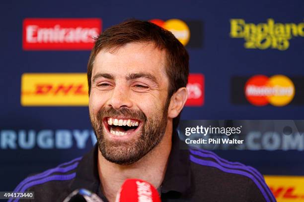 Conrad Smith of the All Blacks speaks during a New Zealand All Blacks media session at the Oatlands Park hotel on October 25, 2015 in London, United...