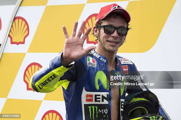 Valentino Rossi of Italy and Movistar Yamaha MotoGP celebrates the third place at the end of the MotoGP race during the MotoGP Of Malaysia at Sepang...
