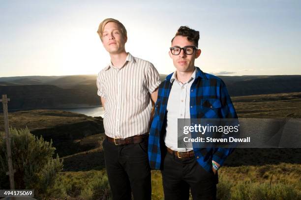 Benjamin Verdoes and Nathan Quiroga of Iska Dhaaf pose for a portrait backstage on day 2 of Sasquatch! Music Festival at the Gorge Amphitheater on...