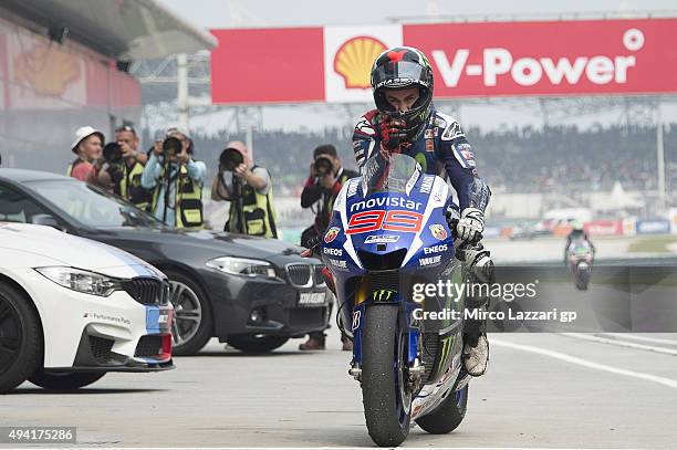 Jorge Lorenzo of Spain and Movistar Yamaha MotoGP celebrates second place at the end of the MotoGP race during the MotoGP Of Malaysia at Sepang...