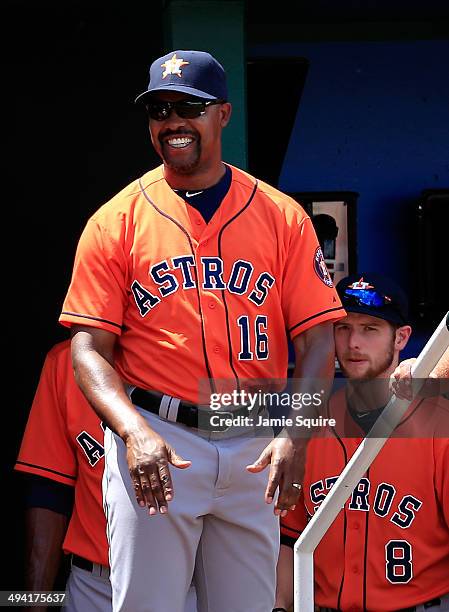 Manager Bo Porter of the Houston Astros reacts in the dugout after Chris Carter hit a solo home run during the 5th inning of the game at Kauffman...