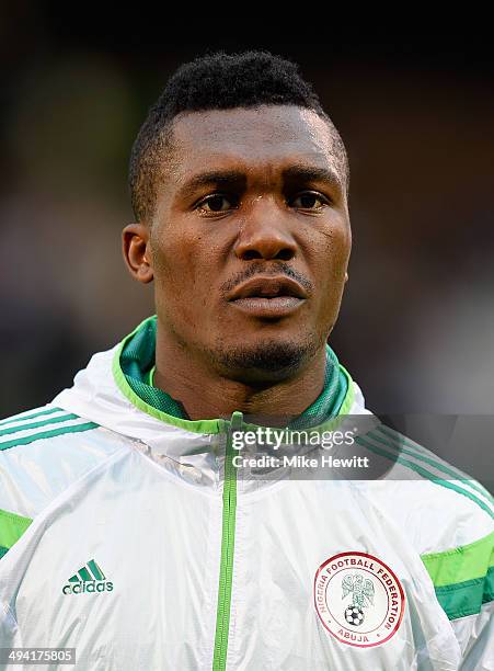 Azubuike Egwuekwe of Nigeria lines up for the national Anthems prior to an International Friendly between Scotland and Nigeria at Craven Cottage on...