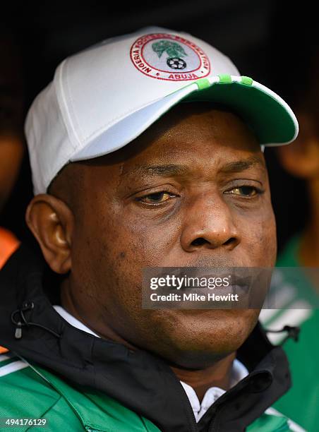 Nigeria coach Stephen Keshi looks on during an International Friendly between Scotland and Nigeria at Craven Cottage on May 28, 2014 in London,...