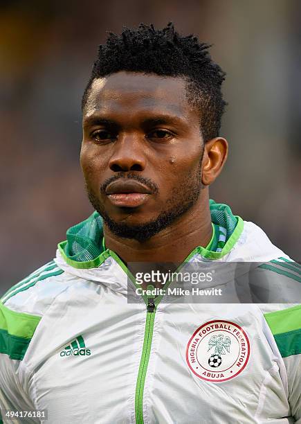 Joseph Yobo of Nigeria lines up for the national Anthems prior to an International Friendly between Scotland and Nigeria at Craven Cottage on May 28,...