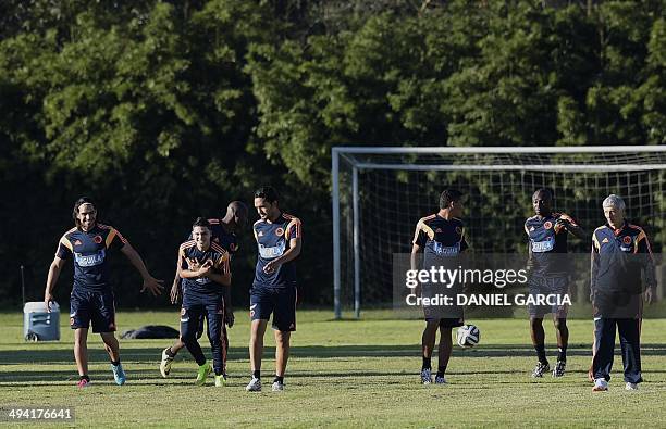 Colombia's national football team head coach Jose Pekerman looks at his players during a training session in Loma Verde, Buenos Aires province,...