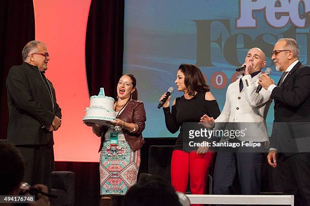 Gloria Estefan, Pitbull and Emilio Estefan sing Happy Birthday to People en Espanol Editor, Armando Correa during the 4th Annual People En Espanol...