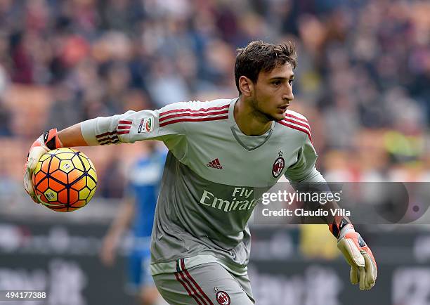 Gianluigi Donnarumma of AC Milan in action during the Serie A match between AC Milan and US Sassuolo Calcio at Stadio Giuseppe Meazza on October 25,...