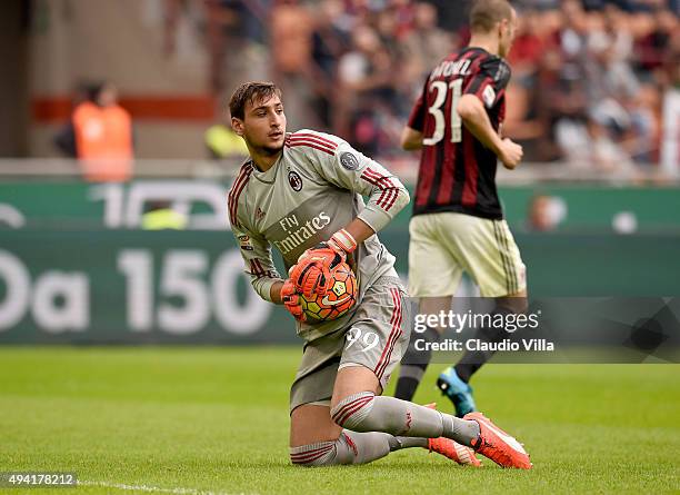 Gianluigi Donnarumma of AC Milan in action during the Serie A match between AC Milan and US Sassuolo Calcio at Stadio Giuseppe Meazza on October 25,...