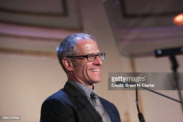 Author/president and co-founder of Farm Sanctuary Gene Baur speaks on stage during the 2015 Farm Sanctuary Gala held at The Plaza Hotel on October...