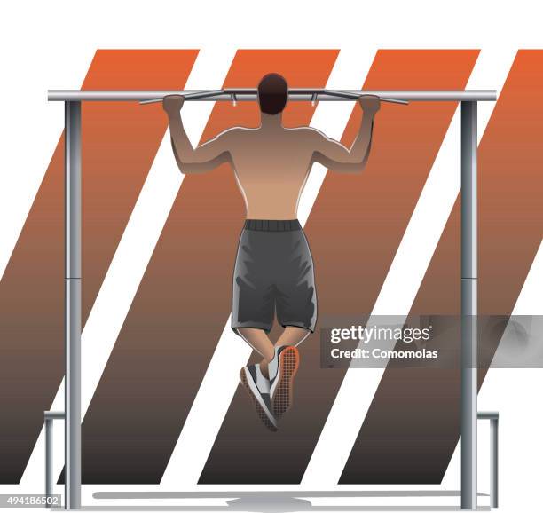 muscular men doing pull ups training - crossfit stock illustrations