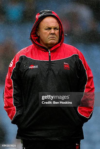 London Welsh head coach Justin Burnell looks on ahead of the Greene King IPA Championship Play Off Final first leg match between London Welsh and...