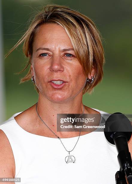 Annika Sorenstam speaks during her induction ceremony as the 2014 Memorial honoree prior to the Memorial Tournament presented by Nationwide Insurance...