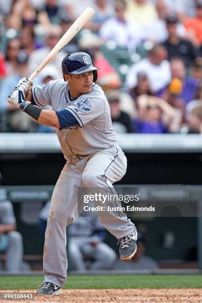 Everth Cabrera of the San Diego Padres bats against the Colorado Rockies at Coors Field on May 18, 2014 in Denver, Colorado. The Rockies defeated the...