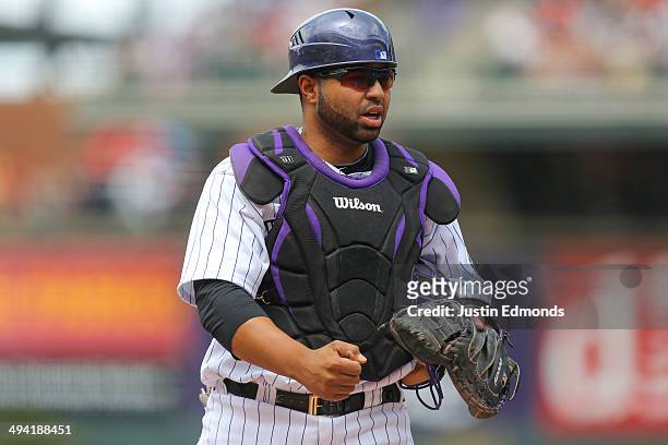 Catcher Wilin Rosario of the Colorado Rockies in action against the San Diego Padres at Coors Field on May 18, 2014 in Denver, Colorado.