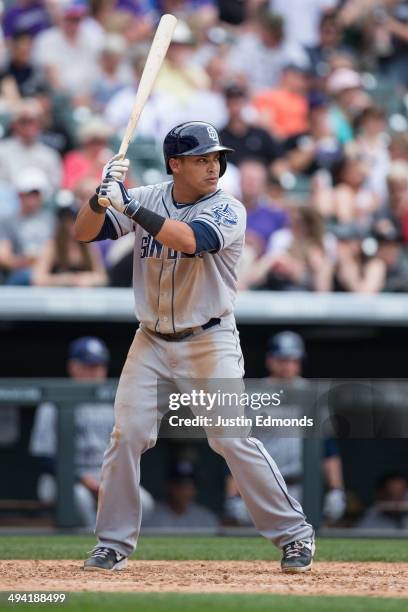 Everth Cabrera of the San Diego Padres bats against the Colorado Rockies at Coors Field on May 18, 2014 in Denver, Colorado. The Rockies defeated the...