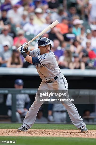 Everth Cabrera of the San Diego Padres bats against the Colorado Rockies at Coors Field on May 18, 2014 in Denver, Colorado. The Rockies defeated the...