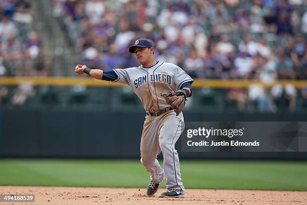 Shortstop Everth Cabrera of the San Diego Padres throws to first base during a game against the Colorado Rockies at Coors Field on May 18, 2014 in...