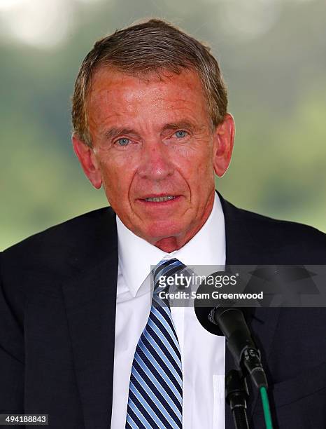 Tour commissioner Tim Finchem speaks during the induction ceremony of Annika Sorenstam as the 2014 Memorial honoree prior to the Memorial Tournament...