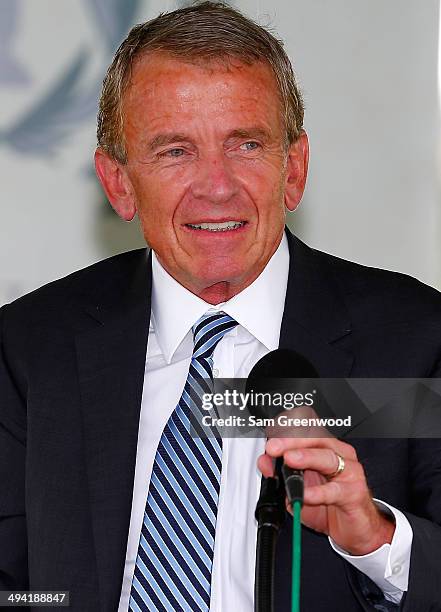 Tour commissioner Tim Finchem speaks during the induction ceremony of Annika Sorenstam as the 2014 Memorial honoree prior to the Memorial Tournament...