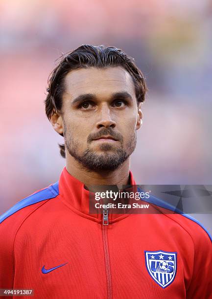 Chris Wondolowski of the United States stands for the playing of the National Anthems before their game against Azerbaijan at Candlestick Park on May...