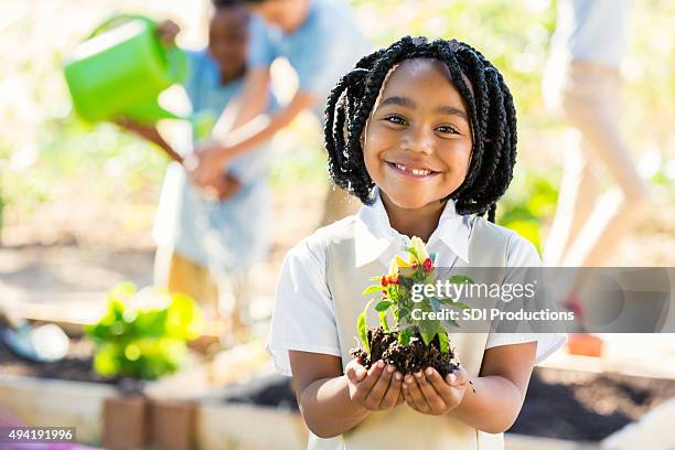 african american student holding plant while gardening during science class - watering can stock pictures, royalty-free photos & images