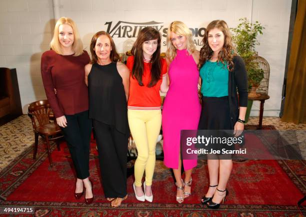 Actresses Wendi McLendon-Covey, Laurie Metcalf, Ashley Rickards, Beth Behrs and Mayim Bialik attend the Variety Studio powered by Samsung Galaxy on...