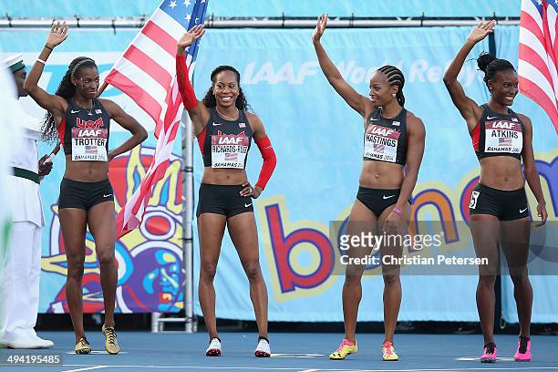 Deedee Trotter, Sanya Richards-Ross, Natasha Hastings and Joanna Atkins of the United States are introduced to the Women's 4x400 metres relay final...