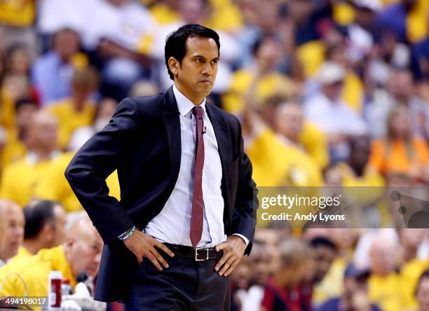 Erik Spoelstra of the Miami Heat looks on against the Indiana Pacers during Game Five of the Eastern Conference Finals of the 2014 NBA Playoffs at...