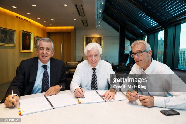 Primo Group CEO Paul Lederer, FFA Chairman Mr Frank Lowy AC and FFA CEO David Gallop are present during the signing of the transfer of licence...