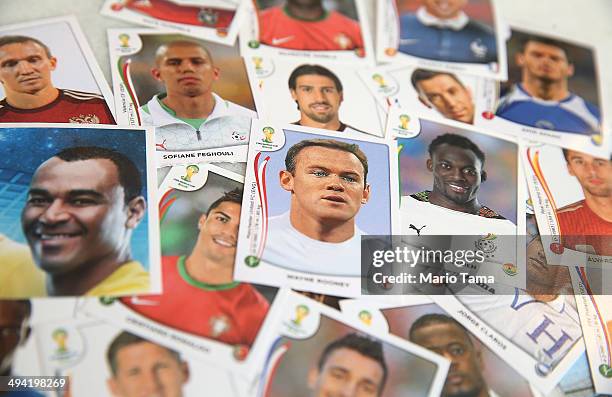 Panini World Cup stickers are displayed, including one of England star Wayne Rooney , on May 28, 2014 in Rio de Janeiro, Brazil. Fans of World Cup...