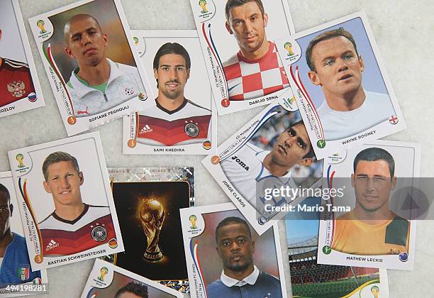 Panini World Cup stickers are displayed on May 28, 2014 in Rio de Janeiro, Brazil. Fans of World Cup Soccer are flocking to buy the stickers which...