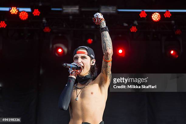 Vocalist Andy Biersack of Black Veil Brides performs at 2015 Monster Energy Aftershock Festival at Gibson Ranch County Park on October 24, 2015 in...