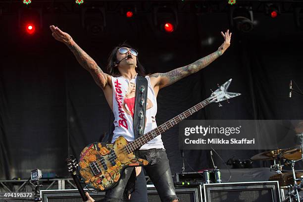 Bassist Ashley Purdy of Black Veil Brides performs at 2015 Monster Energy Aftershock Festival at Gibson Ranch County Park on October 24, 2015 in...