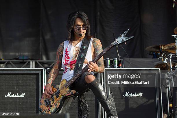 Bassist Ashley Purdy of Black Veil Brides performs at 2015 Monster Energy Aftershock Festival at Gibson Ranch County Park on October 24, 2015 in...