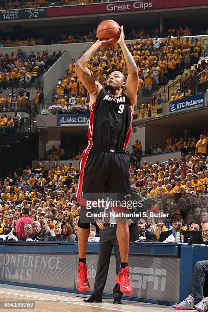 Rashard Lewis of the Miami Heat takes a shot against the Indiana Pacers in Game Five of the Eastern Conference Finals during the 2014 NBA Playoffs on...