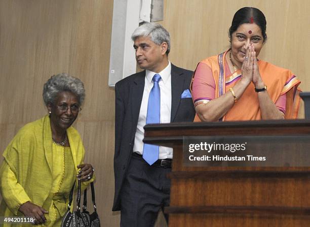 External Affairs Minister Sushma Swaraj, Vikas Swarup, Joint Secretary , with Ethiopian Ambassador, Genet Zewdie, during the inauguration of 3rd...