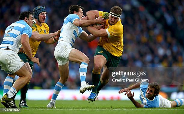 James Slipper of Australia takes on the Argentina defence during the 2015 Rugby World Cup Semi Final match between Argentina and Australia at...