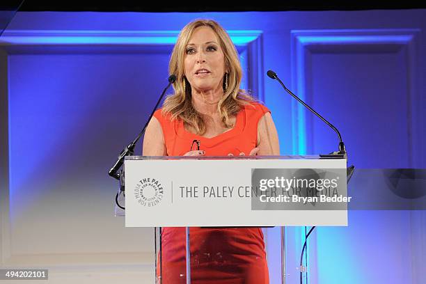 Anchor Linda Cohn speaks on stage at the Paley Prize Gala honoring ESPN's 35th anniversary presented by Roc Nation Sports on May 28, 2014 in New York...