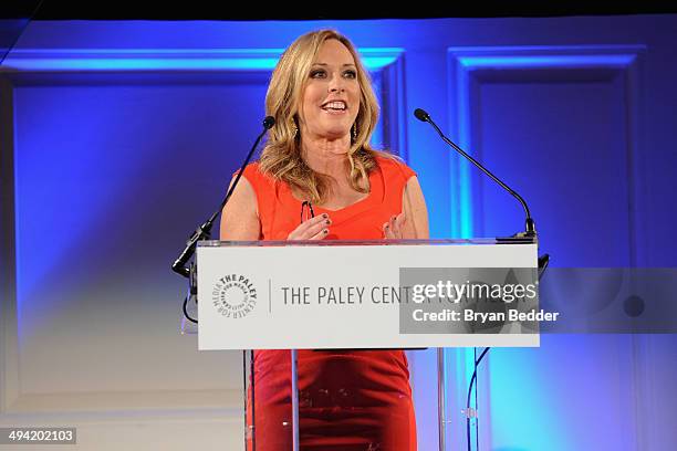 Anchor Linda Cohn speaks on stage at the Paley Prize Gala honoring ESPN's 35th anniversary presented by Roc Nation Sports on May 28, 2014 in New York...