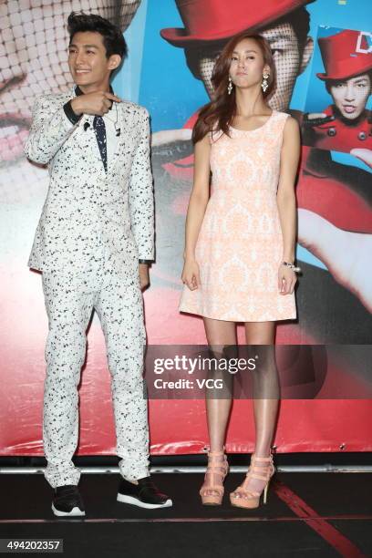 Taiwanese singer Aaron Yan and South Korean singer G.NA attend his new album "DRAMA" launch at W Hotel on May 28, 2014 in Taipei, Taiwan of China.