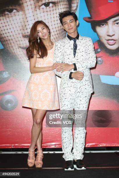 Taiwanese singer Aaron Yan and South Korean singer G.NA attend his new album "DRAMA" launch at W Hotel on May 28, 2014 in Taipei, Taiwan of China.