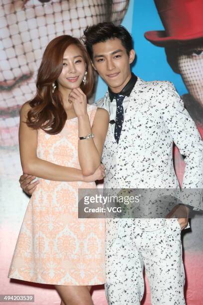 Taiwanese singer Aaron Yan and South Korean singer G.NA attend his new album "DRAMA" launch at W Hotel on May 28, 2014 in Taipei, Taiwan of China.