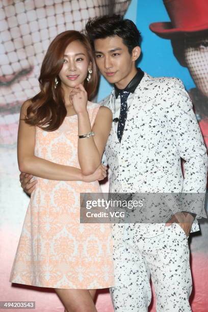 Taiwanese singer Aaron Yan and South Korean singer G.NA attend his new album "DRAMA" launch at W Hotel on May 28, 2014 in Taipei, Taiwan of China.