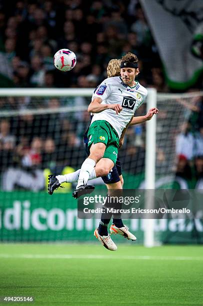 Jakob Orlov of Hammarby IF in action during the Allsvenskan match between Hammarby IF and Malmo FF at Tele2 Arena on October 25, 2015 in Stockholm,...