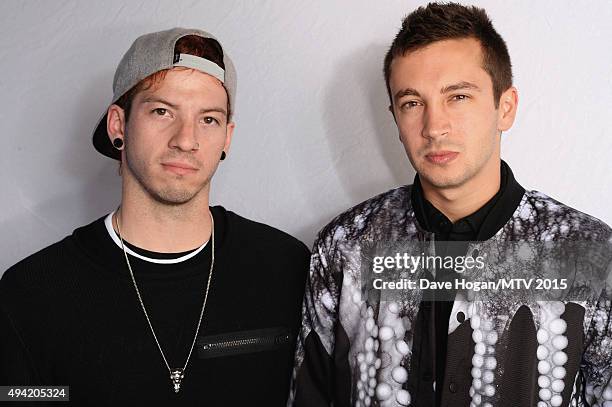 Josh Dun and Tyler Josep of Twenty One Pilots pose for a portrait before the MTV EMA's at the Mediolanum Forum on October 25, 2015 in Milan, Italy.