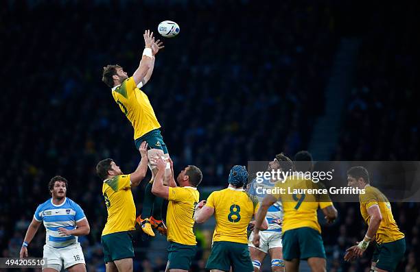 Ben McCalman of Australia wins the ball in a lineout during the 2015 Rugby World Cup Semi Final match between Argentina and Australia at Twickenham...