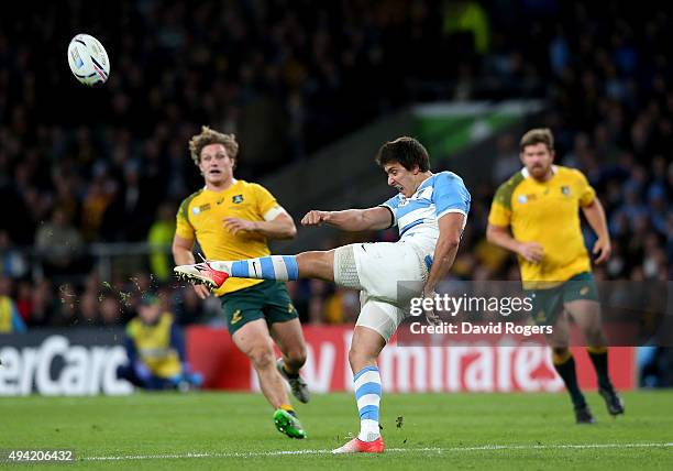 Lucas Gonzalez Amorosino of Argentina clears the ball upfield during the 2015 Rugby World Cup Semi Final match between Argentina and Australia at...