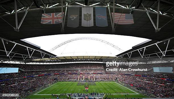 Marching band performs prior to the start of the match during the NFL game between Jacksonville Jaguars and Buffalo Bills at Wembley Stadium on...
