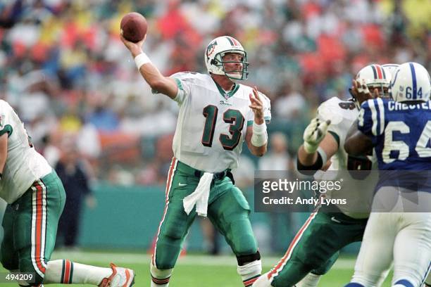 Dan Marino of the Miami Dolphins gets ready to pass the ball during the game against the Indianapolis Colts at the Pro Player Stadium in Miami,...