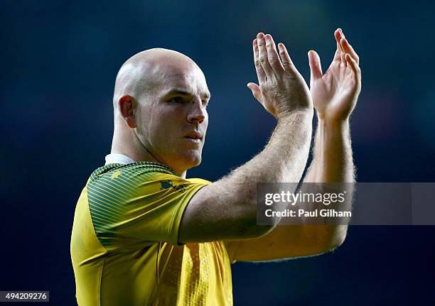 Stephen Moore of Australia celebrates after winning the 2015 Rugby World Cup Semi Final match between Argentina and Australia at Twickenham Stadium...